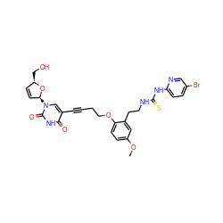 COc1ccc(OCCC#Cc2cn([C@H]3C=C[C@@H](CO)O3)c(=O)[nH]c2=O)c(CCNC(=S)Nc2ccc(Br)cn2)c1 ZINC000028888930