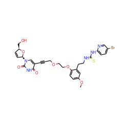 COc1ccc(OCCOCC#Cc2cn([C@H]3C=C[C@@H](CO)O3)c(=O)[nH]c2=O)c(CCNC(=S)Nc2ccc(Br)cn2)c1 ZINC000096901730