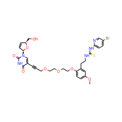 COc1ccc(OCCOCCOCC#Cc2cn([C@H]3C=C[C@@H](CO)O3)c(=O)[nH]c2=O)c(CCNC(=S)Nc2ccc(Br)cn2)c1 ZINC000096900333