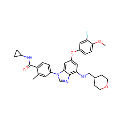 COc1ccc(Oc2cc(NCC3CCOCC3)c3ncn(-c4ccc(C(=O)NC5CC5)c(C)c4)c3c2)cc1F ZINC000147639710