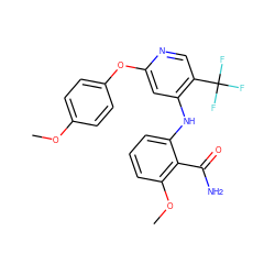 COc1ccc(Oc2cc(Nc3cccc(OC)c3C(N)=O)c(C(F)(F)F)cn2)cc1 ZINC000073163046