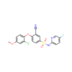 COc1ccc(Oc2ccc(S(=O)(=O)Nc3ccc(F)cn3)cc2C#N)c(Cl)c1 ZINC000473200935