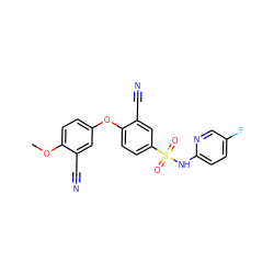 COc1ccc(Oc2ccc(S(=O)(=O)Nc3ccc(F)cn3)cc2C#N)cc1C#N ZINC000473194506