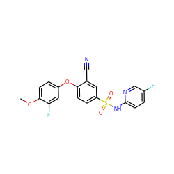 COc1ccc(Oc2ccc(S(=O)(=O)Nc3ccc(F)cn3)cc2C#N)cc1F ZINC000473200934