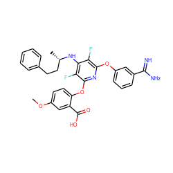 COc1ccc(Oc2nc(Oc3cccc(C(=N)N)c3)c(F)c(N[C@@H](C)CCc3ccccc3)c2F)c(C(=O)O)c1 ZINC000028522711