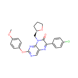 COc1ccc(Oc2ncc3nc(-c4ccc(Cl)cc4)c(=O)n(C[C@H]4CCCO4)c3n2)cc1 ZINC000004238730