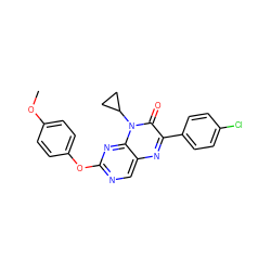 COc1ccc(Oc2ncc3nc(-c4ccc(Cl)cc4)c(=O)n(C4CC4)c3n2)cc1 ZINC000004238980