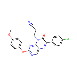 COc1ccc(Oc2ncc3nc(-c4ccc(Cl)cc4)c(=O)n(CCC#N)c3n2)cc1 ZINC000004238366