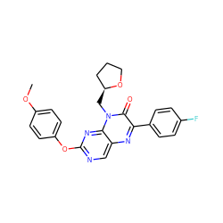 COc1ccc(Oc2ncc3nc(-c4ccc(F)cc4)c(=O)n(C[C@H]4CCCO4)c3n2)cc1 ZINC000004238812