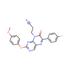 COc1ccc(Oc2ncc3nc(-c4ccc(F)cc4)c(=O)n(CCC#N)c3n2)cc1 ZINC000004238601