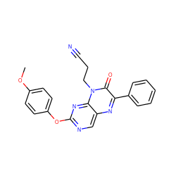 COc1ccc(Oc2ncc3nc(-c4ccccc4)c(=O)n(CCC#N)c3n2)cc1 ZINC000004238460