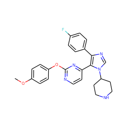 COc1ccc(Oc2nccc(-c3c(-c4ccc(F)cc4)ncn3C3CCNCC3)n2)cc1 ZINC000001487006