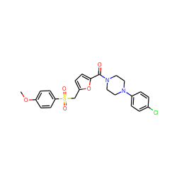 COc1ccc(S(=O)(=O)Cc2ccc(C(=O)N3CCN(c4ccc(Cl)cc4)CC3)o2)cc1 ZINC000003061672