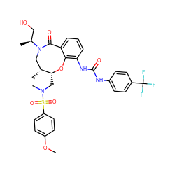 COc1ccc(S(=O)(=O)N(C)C[C@H]2Oc3c(NC(=O)Nc4ccc(C(F)(F)F)cc4)cccc3C(=O)N([C@@H](C)CO)C[C@H]2C)cc1 ZINC000095567654