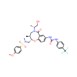 COc1ccc(S(=O)(=O)N(C)C[C@H]2Oc3ccc(NC(=O)Nc4ccc(C(F)(F)F)cc4)cc3C(=O)N([C@H](C)CO)C[C@@H]2C)cc1 ZINC000072128015