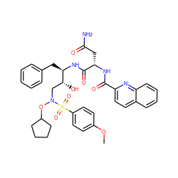 COc1ccc(S(=O)(=O)N(C[C@@H](O)[C@@H](Cc2ccccc2)NC(=O)[C@H](CC(N)=O)NC(=O)c2ccc3ccccc3n2)OC2CCCC2)cc1 ZINC000028461172