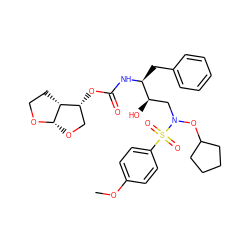 COc1ccc(S(=O)(=O)N(C[C@@H](O)[C@H](Cc2ccccc2)NC(=O)O[C@@H]2CO[C@@H]3OCC[C@H]23)OC2CCCC2)cc1 ZINC000028459595