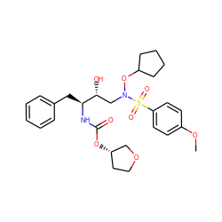 COc1ccc(S(=O)(=O)N(C[C@@H](O)[C@H](Cc2ccccc2)NC(=O)O[C@H]2CCOC2)OC2CCCC2)cc1 ZINC000014946337
