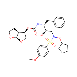 COc1ccc(S(=O)(=O)N(C[C@@H](O)[C@H](Cc2ccccc2)NC(=O)O[C@H]2CO[C@H]3OCC[C@@H]23)OC2CCCC2)cc1 ZINC000003982221