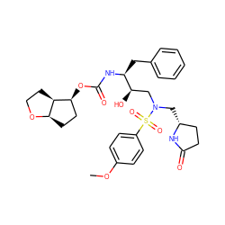 COc1ccc(S(=O)(=O)N(C[C@@H]2CCC(=O)N2)C[C@@H](O)[C@H](Cc2ccccc2)NC(=O)O[C@H]2CC[C@H]3OCC[C@@H]23)cc1 ZINC000042850976
