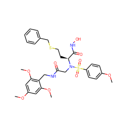 COc1ccc(S(=O)(=O)N(CC(=O)NCc2c(OC)cc(OC)cc2OC)[C@@H](CCSCc2ccccc2)C(=O)NO)cc1 ZINC000026831069