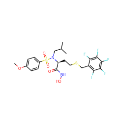 COc1ccc(S(=O)(=O)N(CC(C)C)[C@@H](CCSCc2c(F)c(F)c(F)c(F)c2F)C(=O)NO)cc1 ZINC000026823584