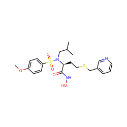 COc1ccc(S(=O)(=O)N(CC(C)C)[C@@H](CCSCc2cccnc2)C(=O)NO)cc1 ZINC000013863996