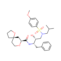 COc1ccc(S(=O)(=O)N(CC(C)C)C[C@@H](O)[C@H](Cc2ccccc2)NC(=O)[C@@H]2C[C@]3(CCCO3)CCO2)cc1 ZINC000028100644