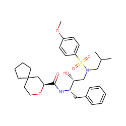 COc1ccc(S(=O)(=O)N(CC(C)C)C[C@@H](O)[C@H](Cc2ccccc2)NC(=O)[C@@H]2CC3(CCCC3)CCO2)cc1 ZINC000028102445