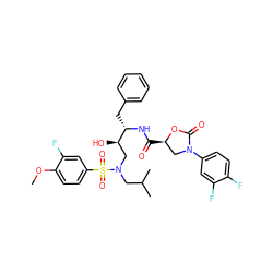 COc1ccc(S(=O)(=O)N(CC(C)C)C[C@@H](O)[C@H](Cc2ccccc2)NC(=O)[C@@H]2CN(c3ccc(F)c(F)c3)C(=O)O2)cc1F ZINC000049794065
