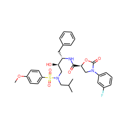 COc1ccc(S(=O)(=O)N(CC(C)C)C[C@@H](O)[C@H](Cc2ccccc2)NC(=O)[C@@H]2CN(c3cccc(F)c3)C(=O)O2)cc1 ZINC000014951322