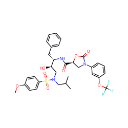COc1ccc(S(=O)(=O)N(CC(C)C)C[C@@H](O)[C@H](Cc2ccccc2)NC(=O)[C@@H]2CN(c3cccc(OC(F)(F)F)c3)C(=O)O2)cc1 ZINC000072138099