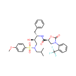 COc1ccc(S(=O)(=O)N(CC(C)C)C[C@@H](O)[C@H](Cc2ccccc2)NC(=O)[C@@H]2CN(c3ccccc3C(F)(F)F)C(=O)O2)cc1 ZINC000072138074