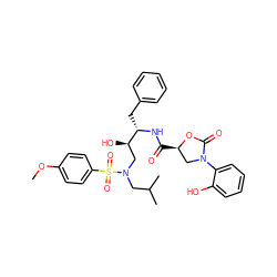 COc1ccc(S(=O)(=O)N(CC(C)C)C[C@@H](O)[C@H](Cc2ccccc2)NC(=O)[C@@H]2CN(c3ccccc3O)C(=O)O2)cc1 ZINC000064448766