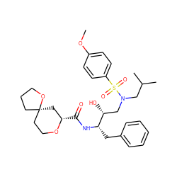 COc1ccc(S(=O)(=O)N(CC(C)C)C[C@@H](O)[C@H](Cc2ccccc2)NC(=O)[C@H]2C[C@@]3(CCCO3)CCO2)cc1 ZINC000028106881