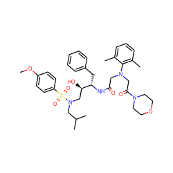 COc1ccc(S(=O)(=O)N(CC(C)C)C[C@@H](O)[C@H](Cc2ccccc2)NC(=O)CN(CC(=O)N2CCOCC2)c2c(C)cccc2C)cc1 ZINC000299870668