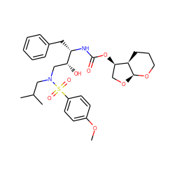 COc1ccc(S(=O)(=O)N(CC(C)C)C[C@@H](O)[C@H](Cc2ccccc2)NC(=O)O[C@@H]2CO[C@@H]3OCCC[C@H]23)cc1 ZINC000014946405