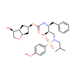 COc1ccc(S(=O)(=O)N(CC(C)C)C[C@@H](O)[C@H](Cc2ccccc2)NC(=O)O[C@H]2C[C@H]3OC[C@@H](O)[C@H]3C2)cc1 ZINC000072114219