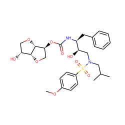 COc1ccc(S(=O)(=O)N(CC(C)C)C[C@@H](O)[C@H](Cc2ccccc2)NC(=O)O[C@H]2CO[C@@H]3[C@H](O)CO[C@H]23)cc1 ZINC000169347524