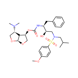 COc1ccc(S(=O)(=O)N(CC(C)C)C[C@@H](O)[C@H](Cc2ccccc2)NC(=O)O[C@H]2CO[C@H]3OC[C@H](N(C)C)[C@@H]23)cc1 ZINC000473087636