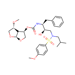 COc1ccc(S(=O)(=O)N(CC(C)C)C[C@@H](O)[C@H](Cc2ccccc2)NC(=O)O[C@H]2CO[C@H]3OC[C@H](OC)[C@@H]23)cc1 ZINC000098208913