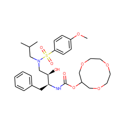 COc1ccc(S(=O)(=O)N(CC(C)C)C[C@@H](O)[C@H](Cc2ccccc2)NC(=O)OC2COCCOCCOC2)cc1 ZINC000049881600