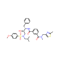COc1ccc(S(=O)(=O)N(CC(C)C)C[C@@H](O)[C@H](Cc2ccccc2)NC(=O)c2cccc(C(=O)N(C)Cc3csc(C)n3)c2)cc1 ZINC000068203931