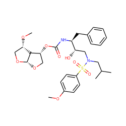 COc1ccc(S(=O)(=O)N(CC(C)C)C[C@H](O)[C@H](Cc2ccccc2)NC(=O)O[C@@H]2CO[C@@H]3OC[C@H](OC)[C@H]23)cc1 ZINC000261189357