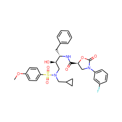 COc1ccc(S(=O)(=O)N(CC2CC2)C[C@@H](O)[C@H](Cc2ccccc2)NC(=O)[C@@H]2CN(c3cccc(F)c3)C(=O)O2)cc1 ZINC000014951418