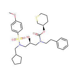 COc1ccc(S(=O)(=O)N(CC2CCCC2)C[C@@H](O)CN(CCc2ccccc2)C(=O)O[C@@H]2CCCSC2)cc1 ZINC000027188854