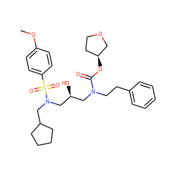 COc1ccc(S(=O)(=O)N(CC2CCCC2)C[C@@H](O)CN(CCc2ccccc2)C(=O)O[C@H]2CCOC2)cc1 ZINC000027193910