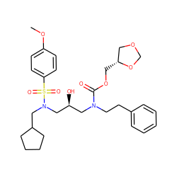 COc1ccc(S(=O)(=O)N(CC2CCCC2)C[C@@H](O)CN(CCc2ccccc2)C(=O)OC[C@@H]2COCO2)cc1 ZINC000027193998
