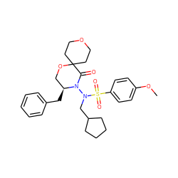 COc1ccc(S(=O)(=O)N(CC2CCCC2)N2C(=O)C3(CCOCC3)OC[C@@H]2Cc2ccccc2)cc1 ZINC000036140519