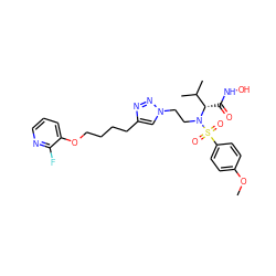 COc1ccc(S(=O)(=O)N(CCn2cc(CCCCOc3cccnc3F)nn2)[C@@H](C(=O)NO)C(C)C)cc1 ZINC000096934281